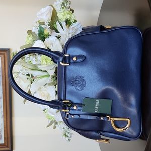 Ralph Lauren Navy Blue Leather Satchel with Gold Hardware